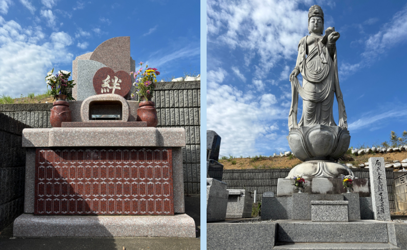 ペットの合祀墓と近くに立っている観音様