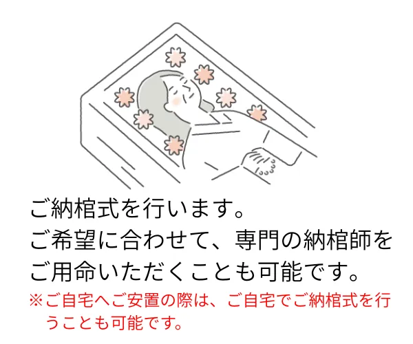 納棺後に安らかなお顔で棺へ休む故人のイラスト
テキスト：ご納棺式を行います。ご希望に合わせて、専門の納棺師をご用命いただくことも可能です。
※ご自宅へご安置の際は、ご自宅でご納棺式を行うことも可能です。